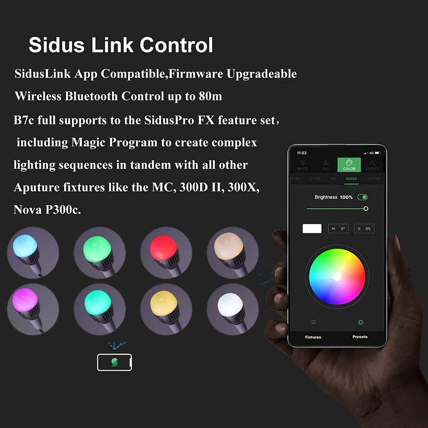 Aputure B7C SidusLink app control for wireless scene tuning.