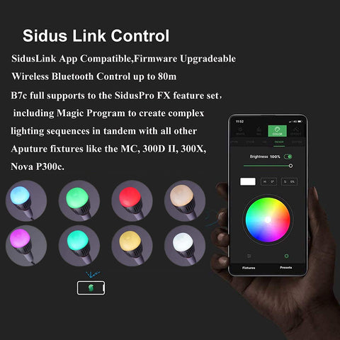 Aputure B7C SidusLink app control for wireless scene tuning.