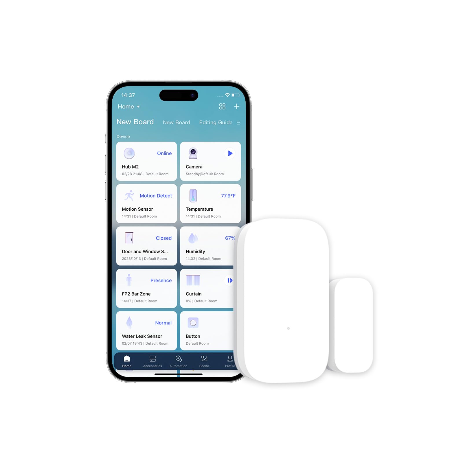 Aqara door and window sensor front view showing compact, discreet design for easy placement.