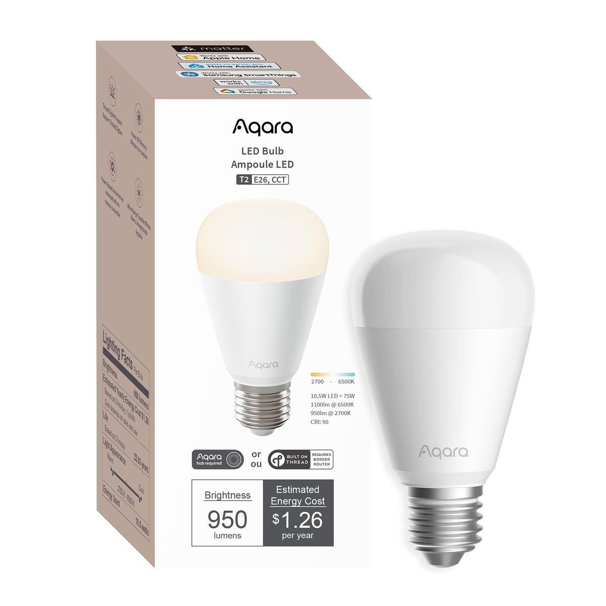 Aqara T2 LED bulb with tunable white 2700K-6500K for versatile mood lighting.