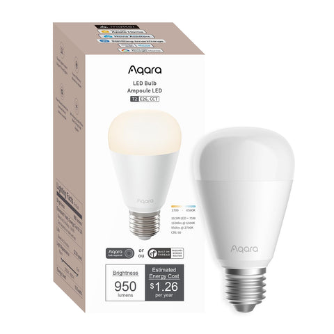 Aqara T2 LED bulb with tunable white 2700K-6500K for versatile mood lighting.