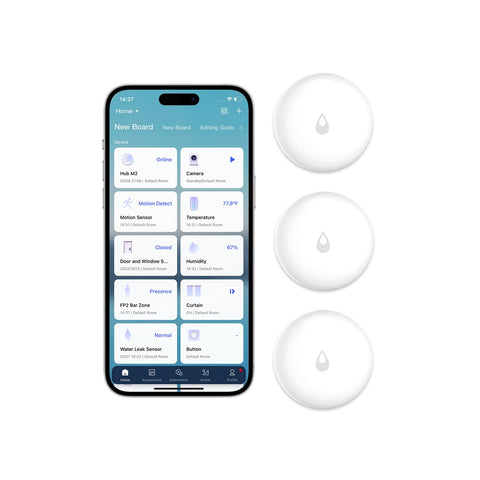 Aqara Water Leak Sensor 3 Pack close-up highlights compact design for tight spaces under sinks.
