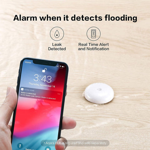 Aqara Water Leak Sensor 3 Pack in a dark basement setup with alert notification.