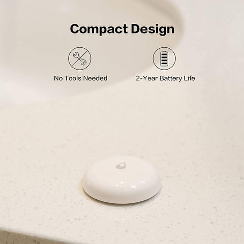 Aqara Water Leak Sensor 3 Pack on a kitchen counter alerts via app.
