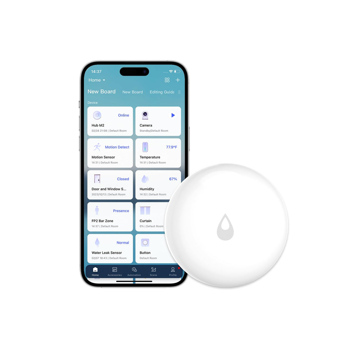 Aqara Water Leak Sensor closeup displaying slim profile for smart alerts