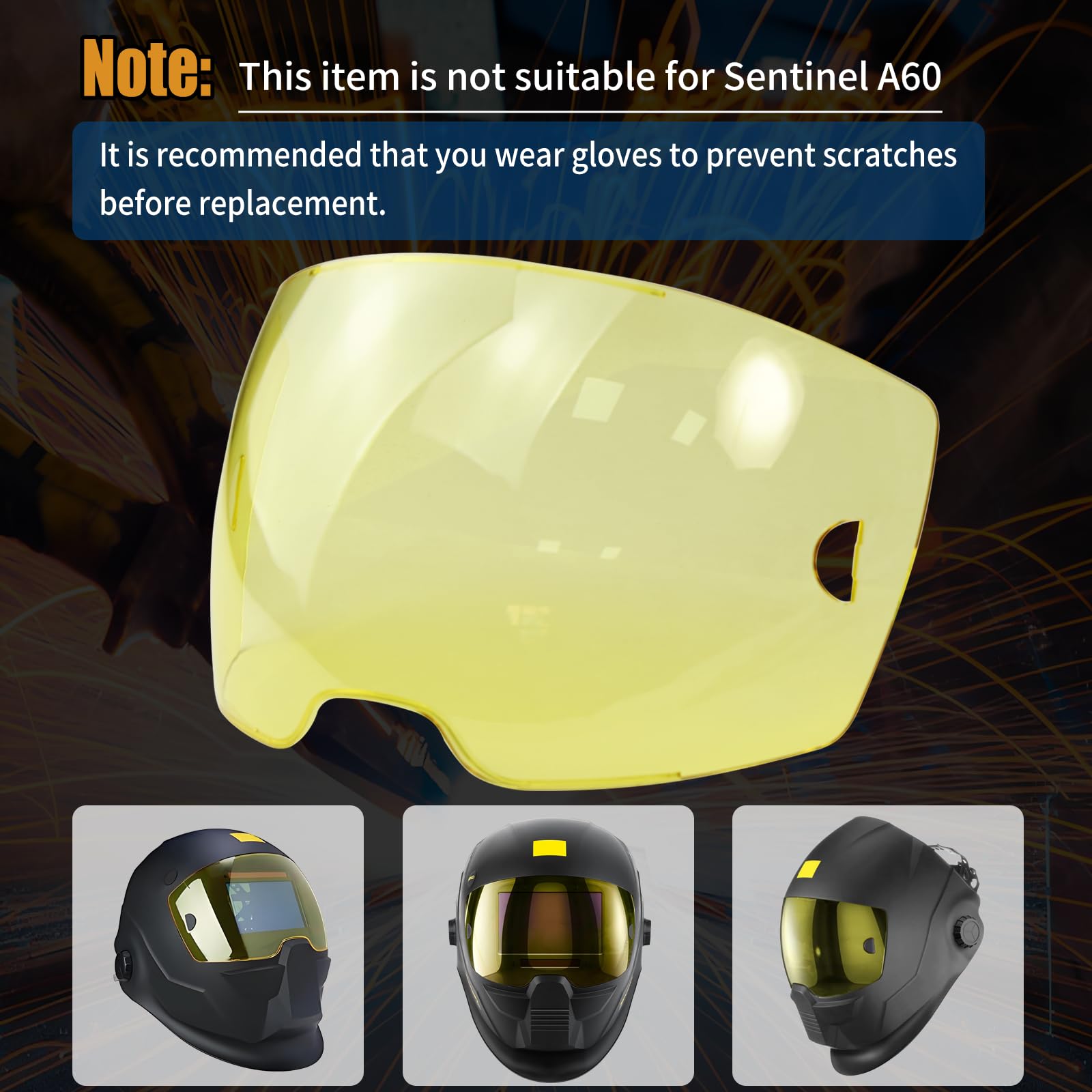 AQBB amber front lid lens for Sentinel A50 shields eyes from sparks and glare.