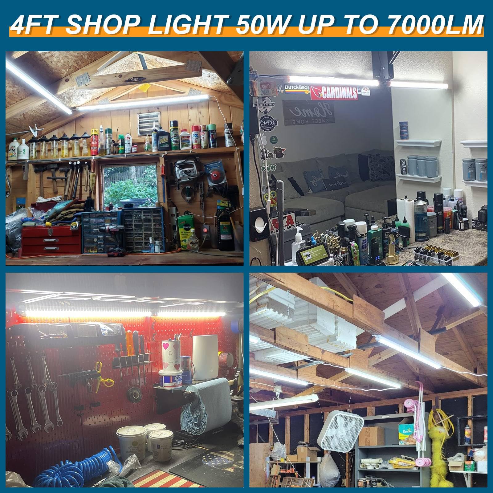 AQIQUUT LED Shop Lights 4FT installation showing plug-and-play setup