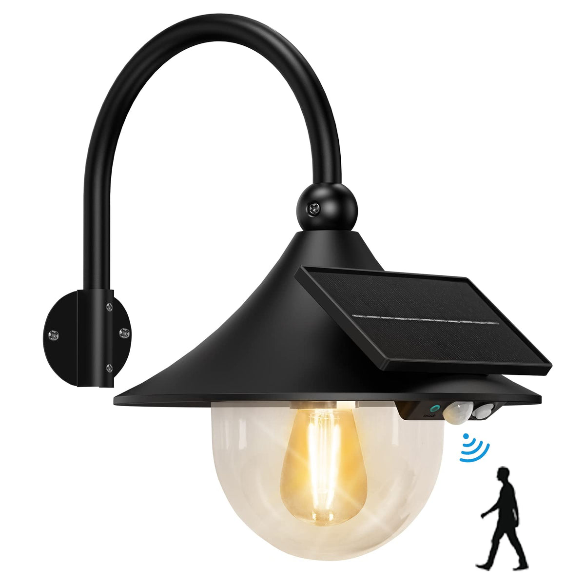 Aqonsie Solar Barn Light front view showing warm outdoor illumination