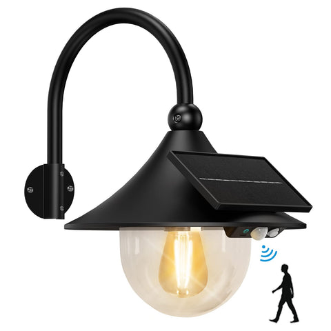 Aqonsie Solar Barn Light front view showing warm outdoor illumination