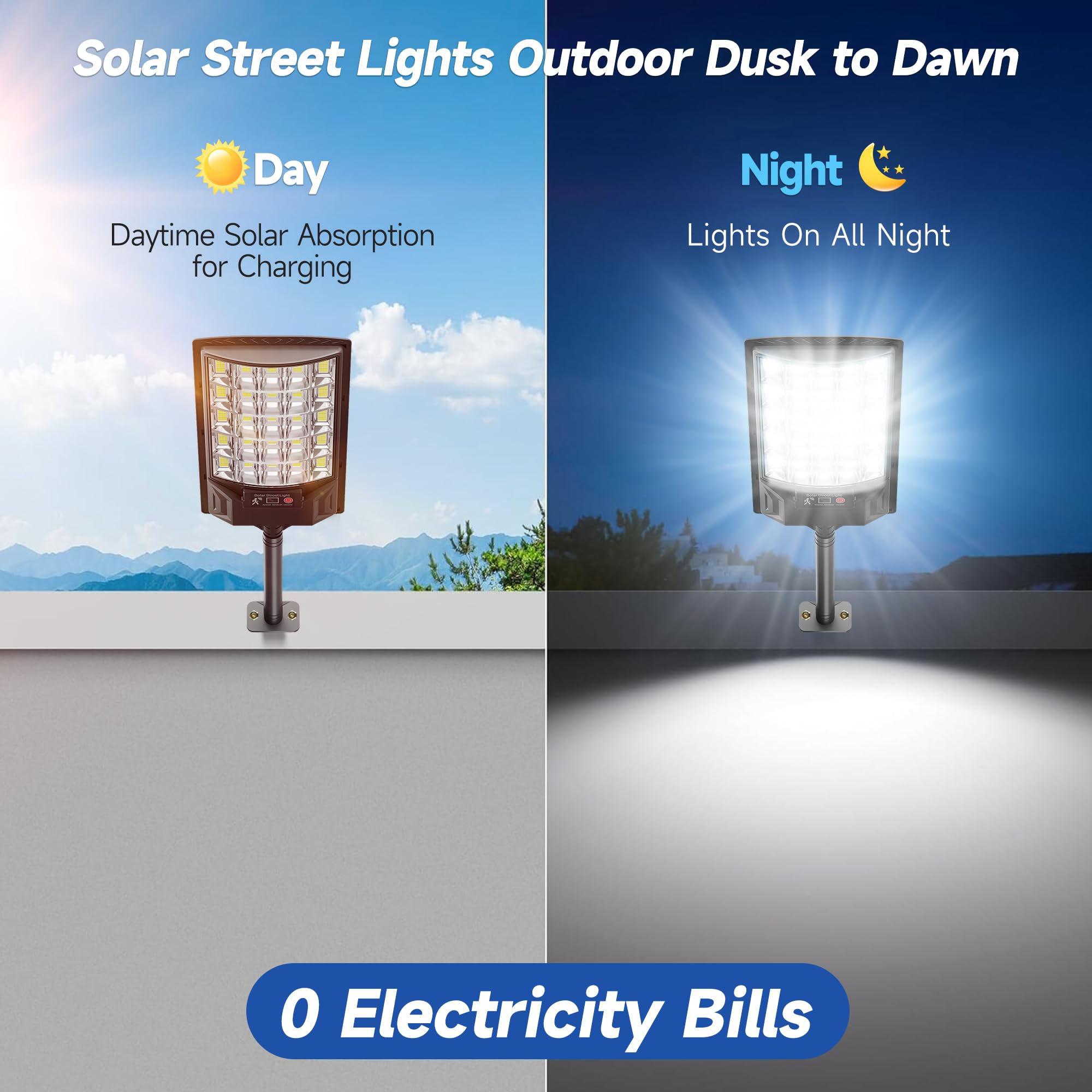 Aqraou solar street light showing motion sensor in action at night.