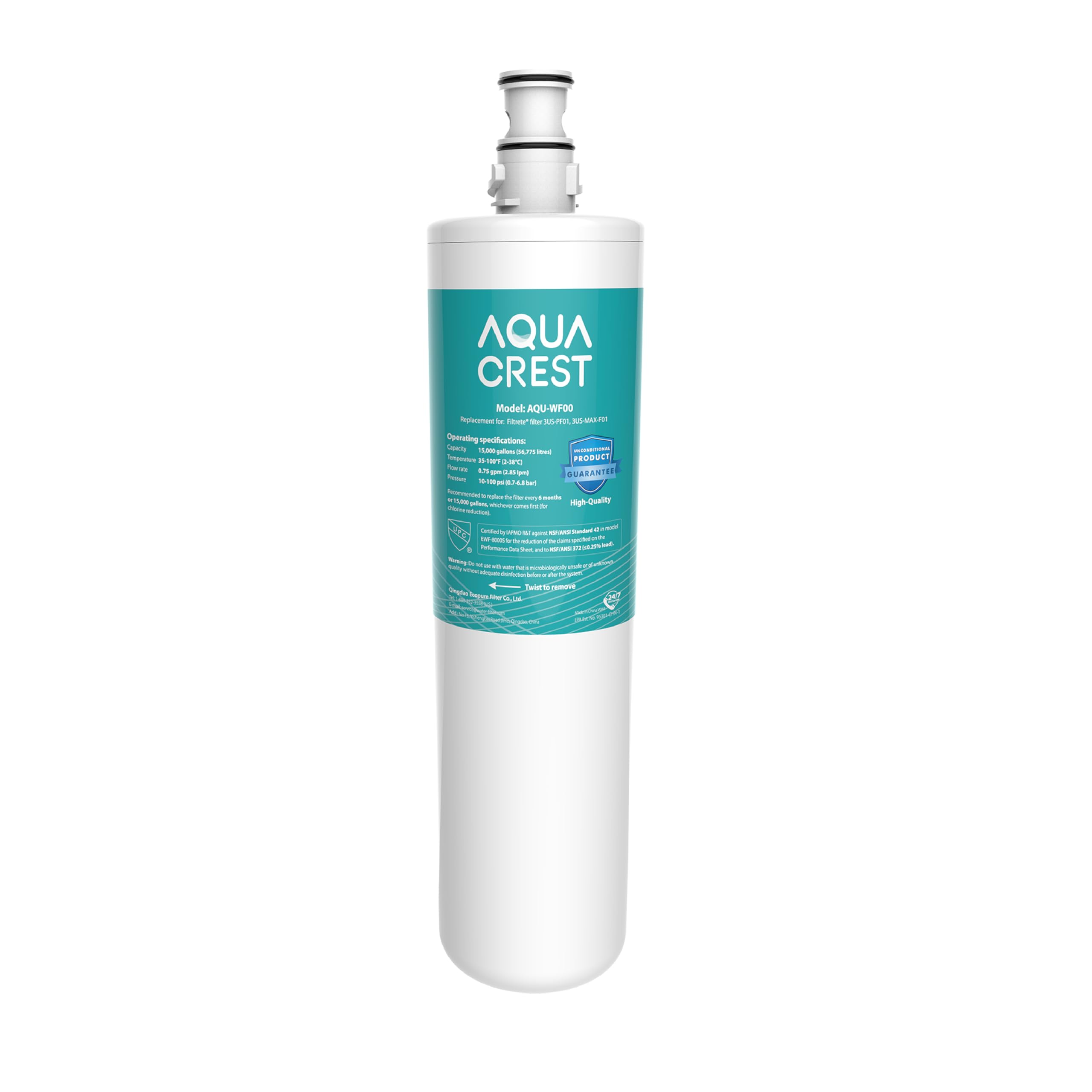 Aqua Crest 3US-PF01 under-sink filter demonstrates compact, certified filtration for home use.