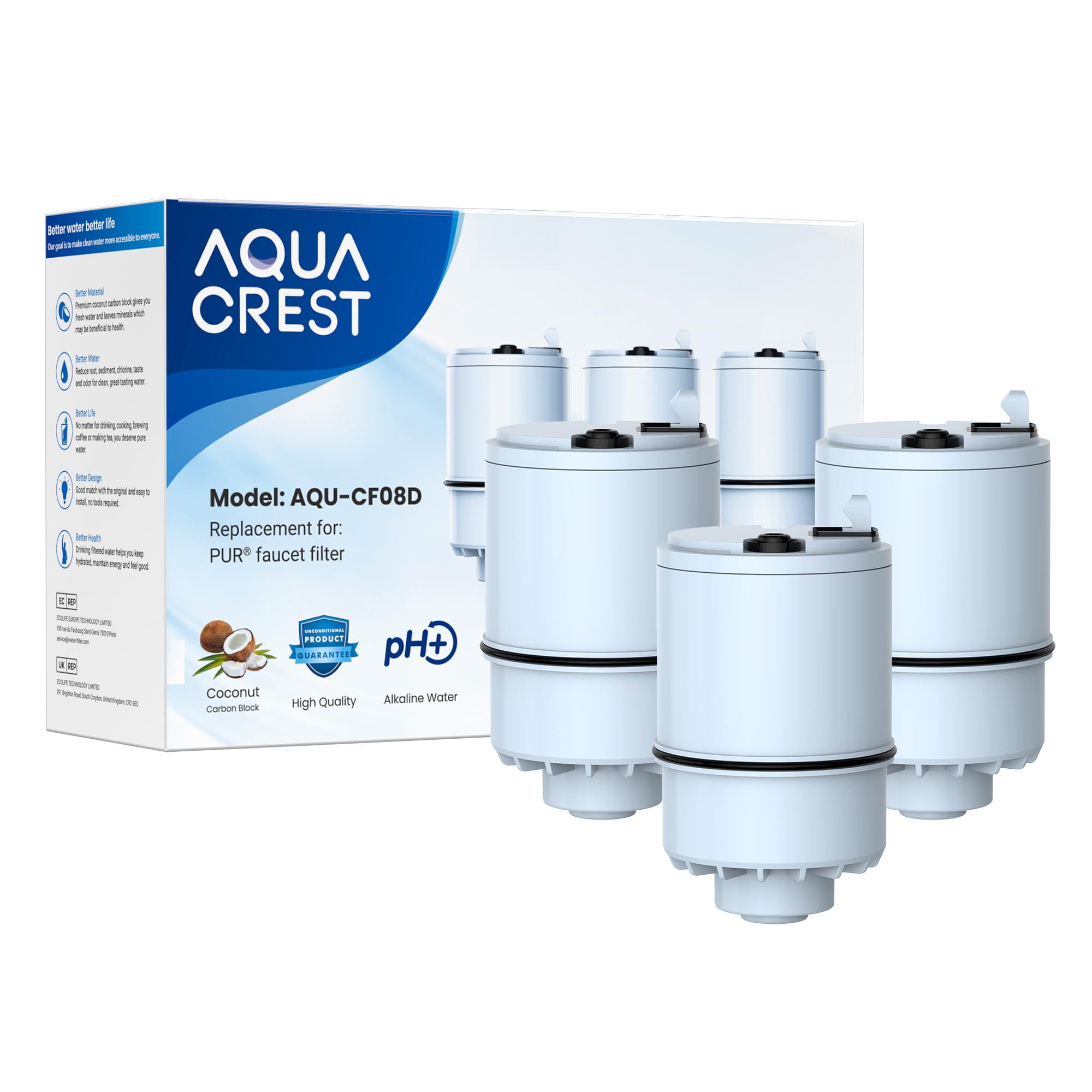 AQUA CREST alkaline filter packaging shown for PUR compatibility improves water quality.