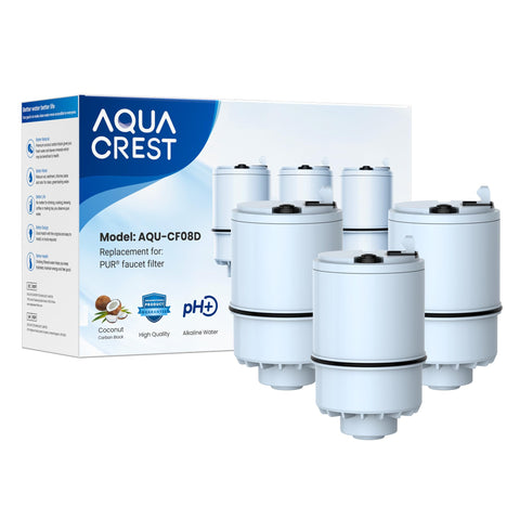 AQUA CREST alkaline filter packaging shown for PUR compatibility improves water quality.