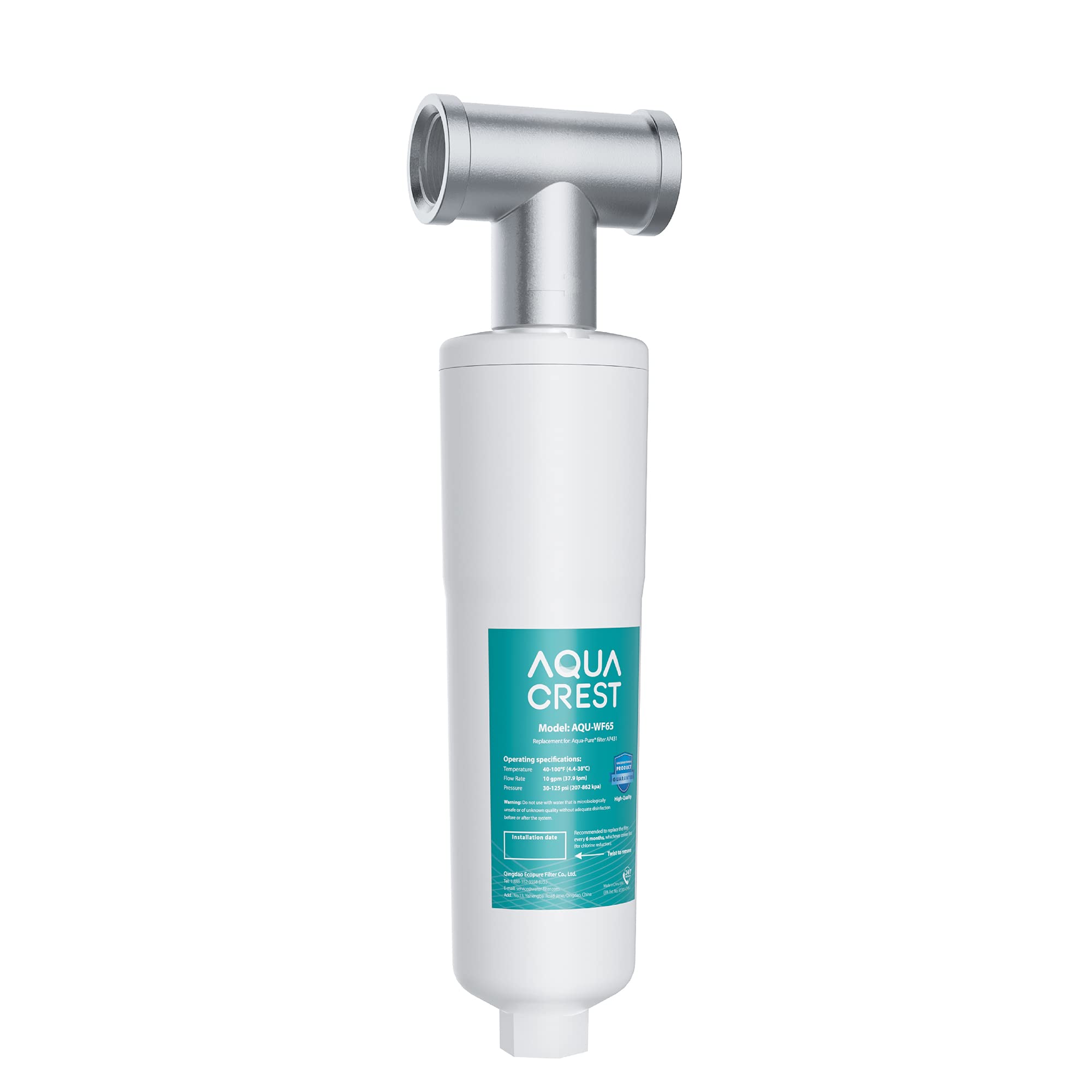 AQUA CREST AP431 AP430SS inline system, front view, for whole-home scale prevention.