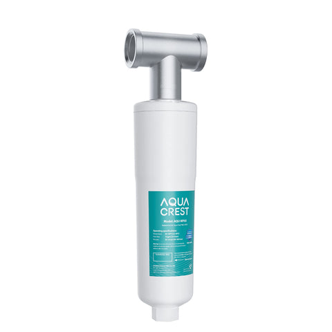 AQUA CREST AP431 AP430SS inline system, front view, for whole-home scale prevention.