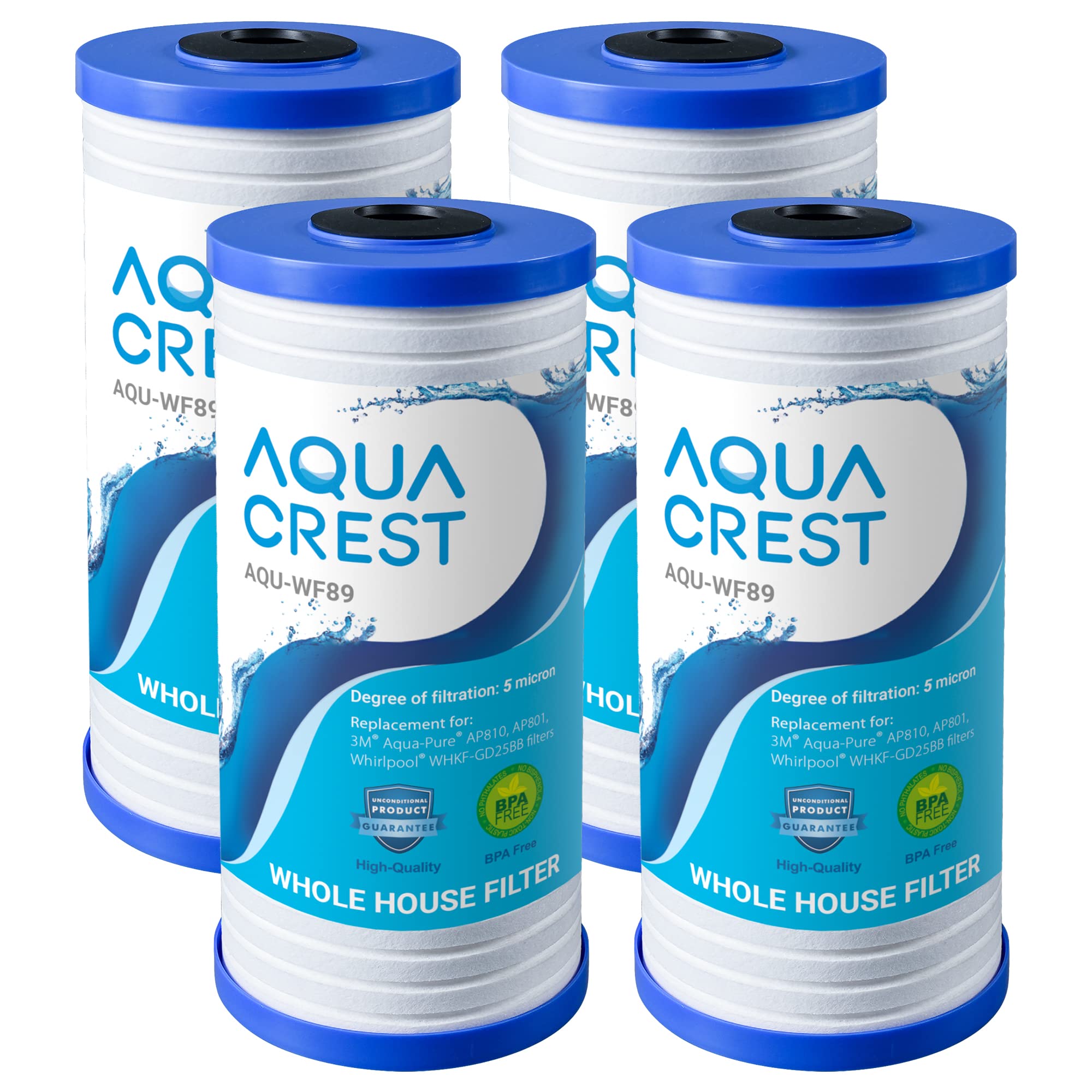 AQUA CREST AP810 replacement filter pack – four 10x4.5 inch units for whole-house filtration.