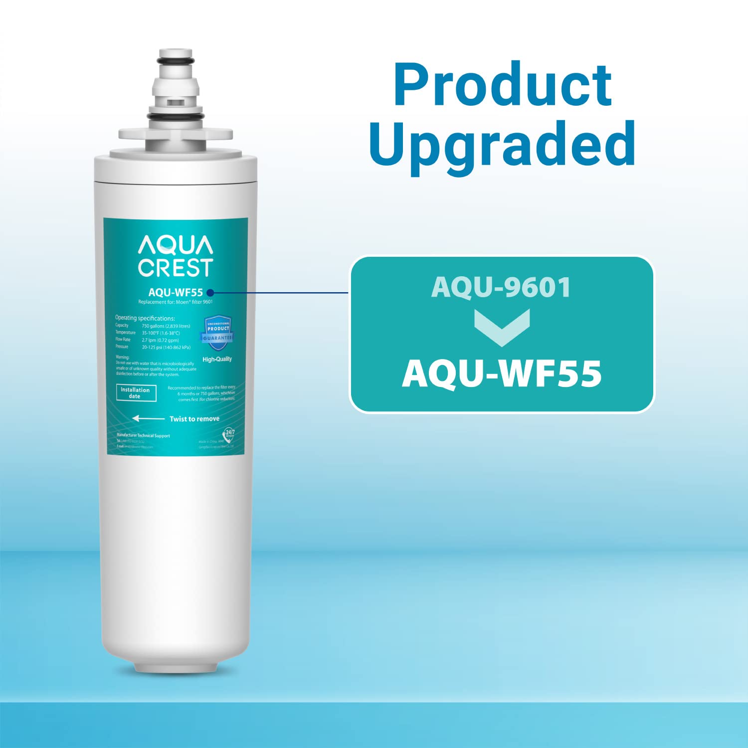 Aqua Crest AQU-WF55 filter flow highlights steady filtered water with minimal pressure drop.