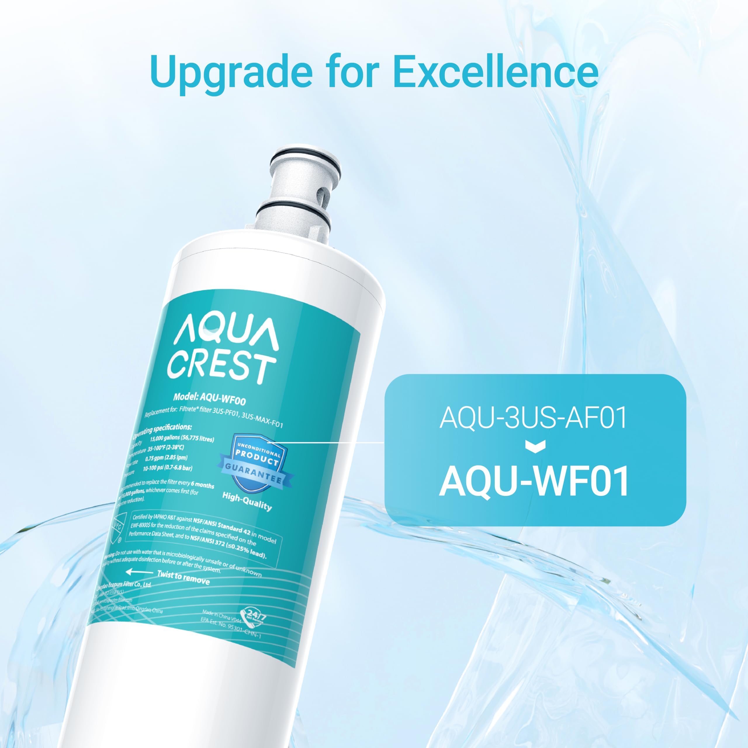 Aqua Crest compatible models visual confirms easy replacement in under-sink systems.