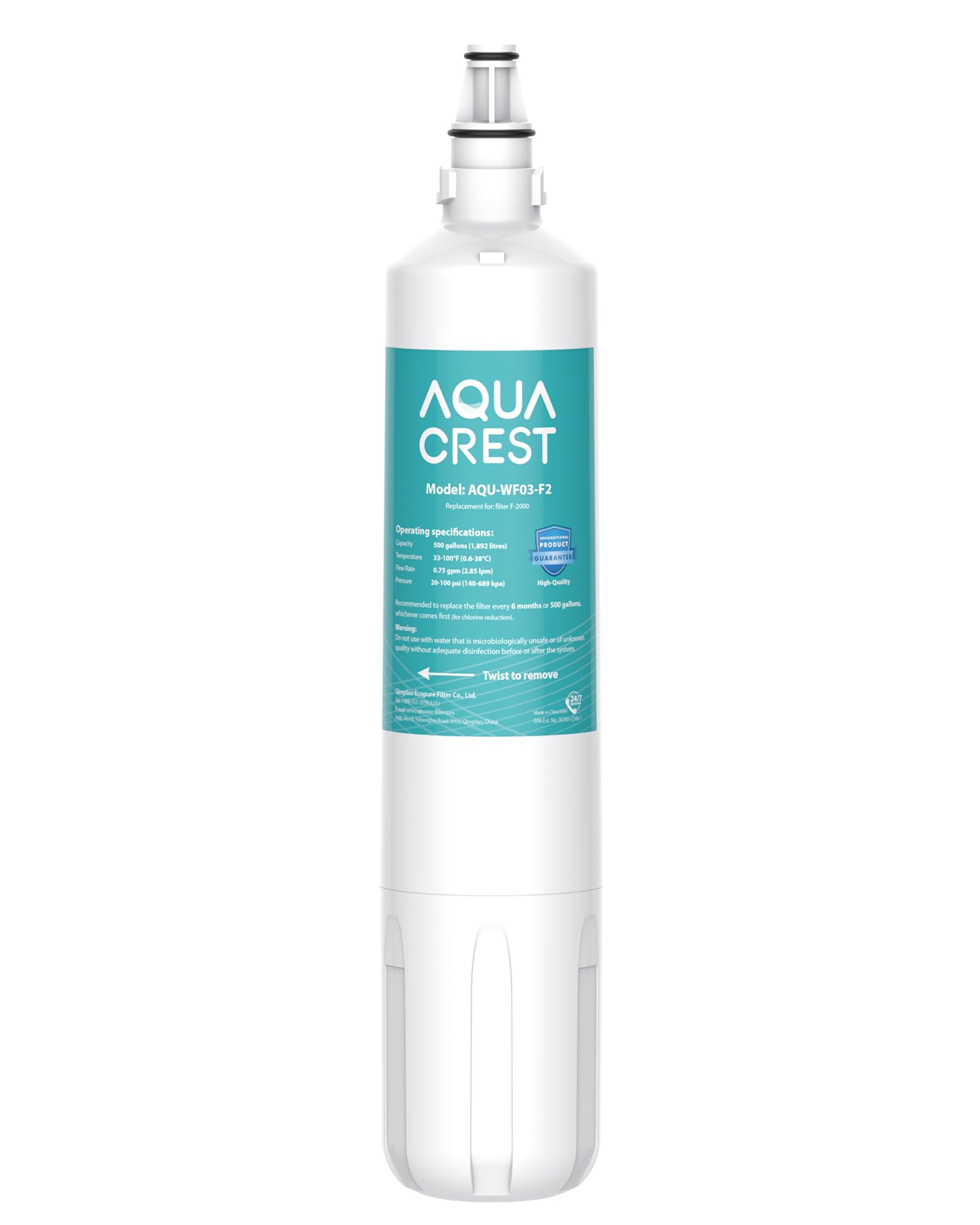 AQUA CREST f-2000 filter cartridge reduces chlorine for crisper water.