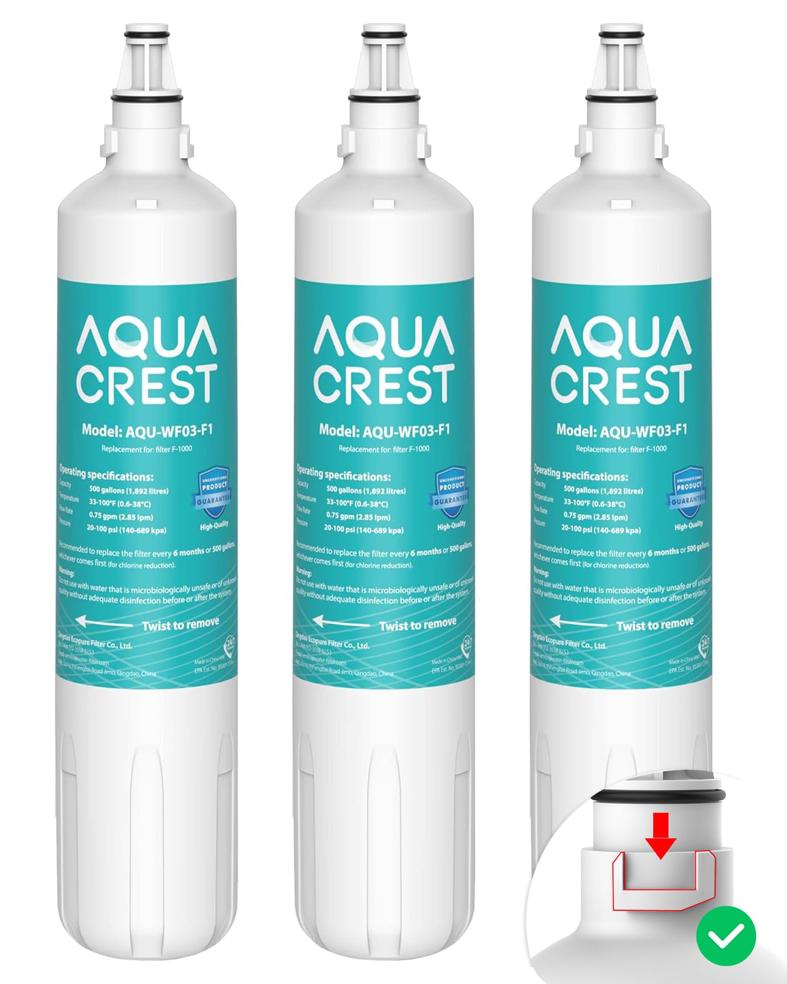 Aqua Crest F-1000 packaging highlights easy replacement.