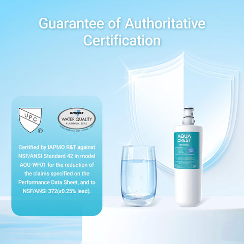 Aqua Crest filter cartridge close-up highlights premium materials for safe filtration.