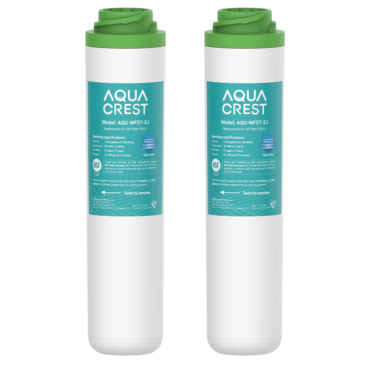 AQUA CREST FQK2J under-sink filter close-up highlighting carbon block for fresher-tasting water