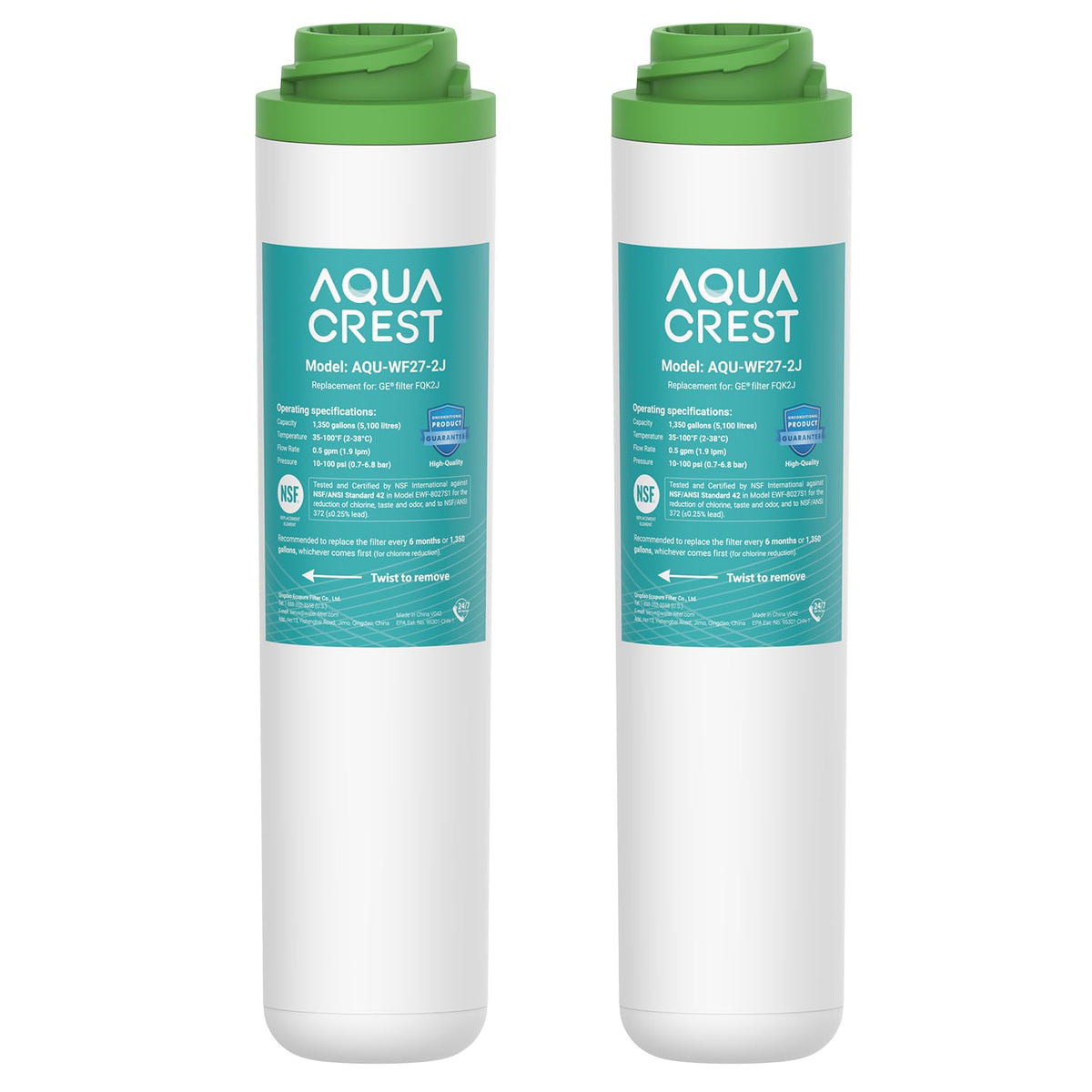 AQUA CREST FQK2J under-sink filter close-up highlighting carbon block for fresher-tasting water