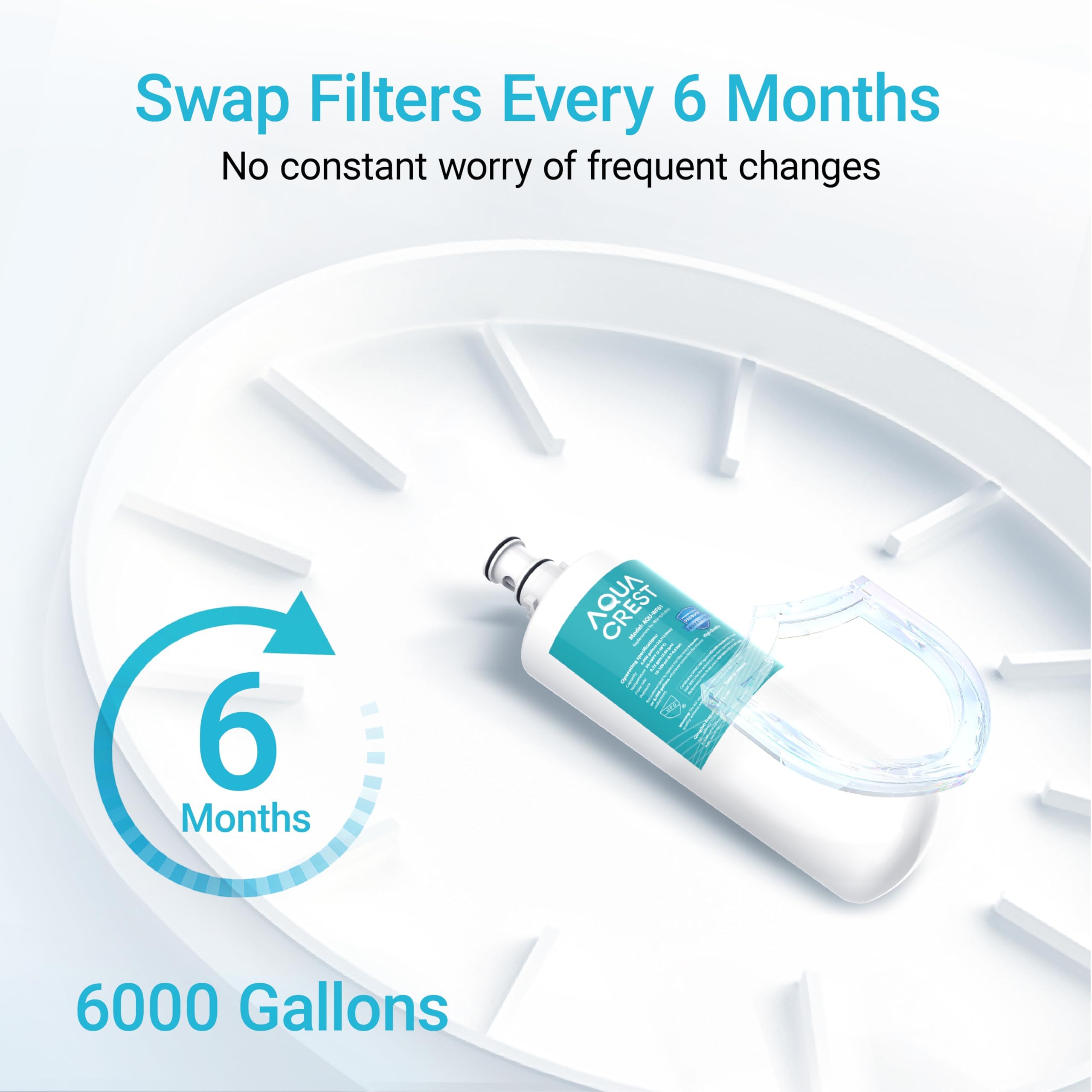 Aqua Crest fresh-tap-water close-up suggests crisper taste and better drinking water.