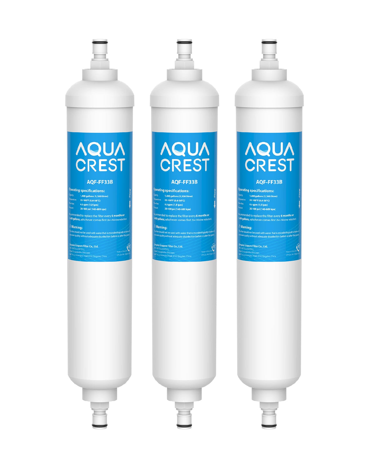 AQUA CREST GXRTQR inline filter packaging showing GE compatibility for fridge filtration.