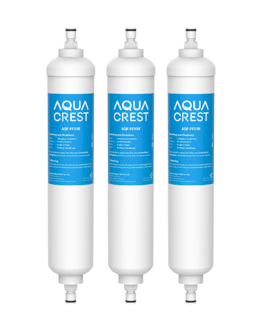 AQUA CREST GXRTQR inline filter packaging showing GE compatibility for fridge filtration.