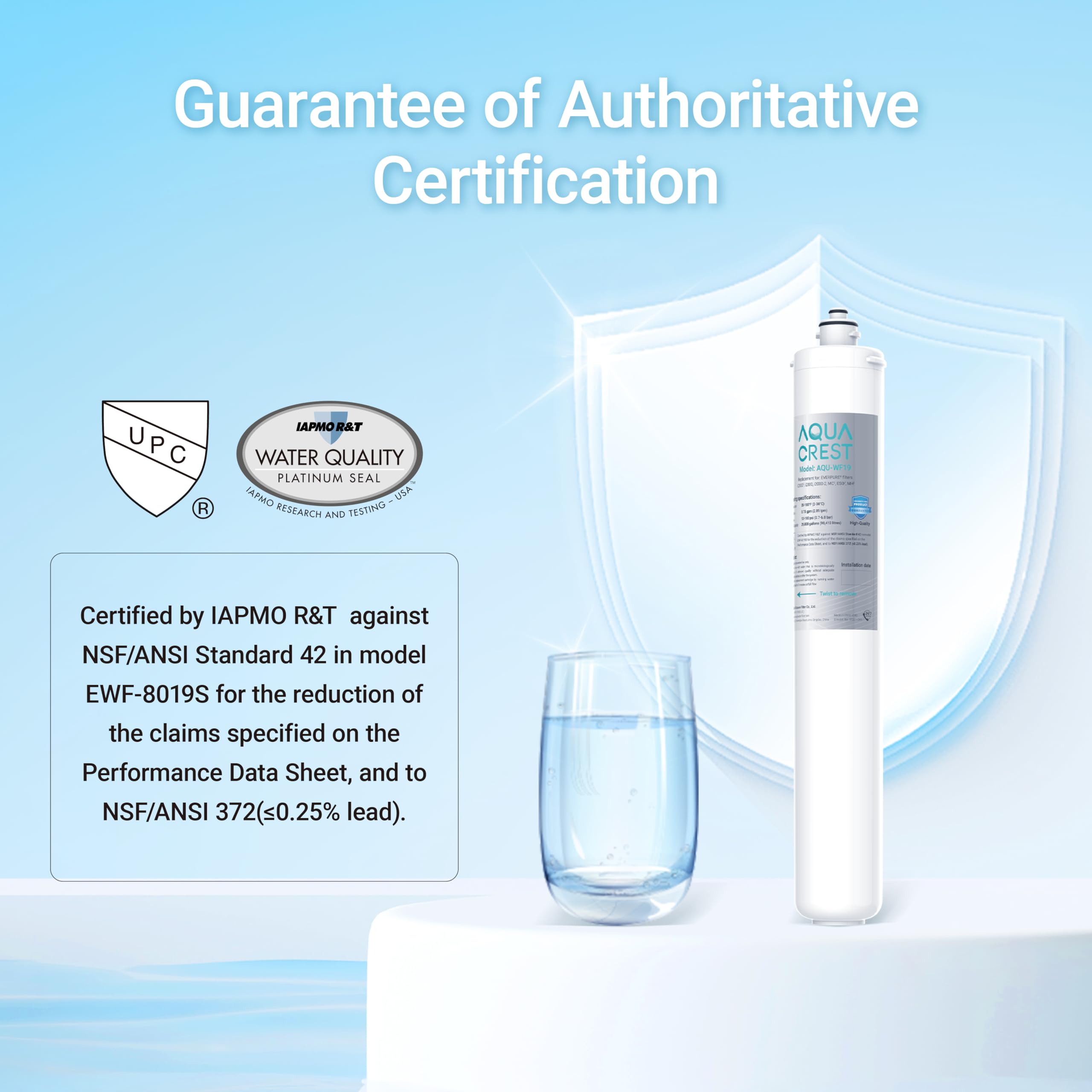 Aqua Crest I2000 certification label confirms IAPMO standards