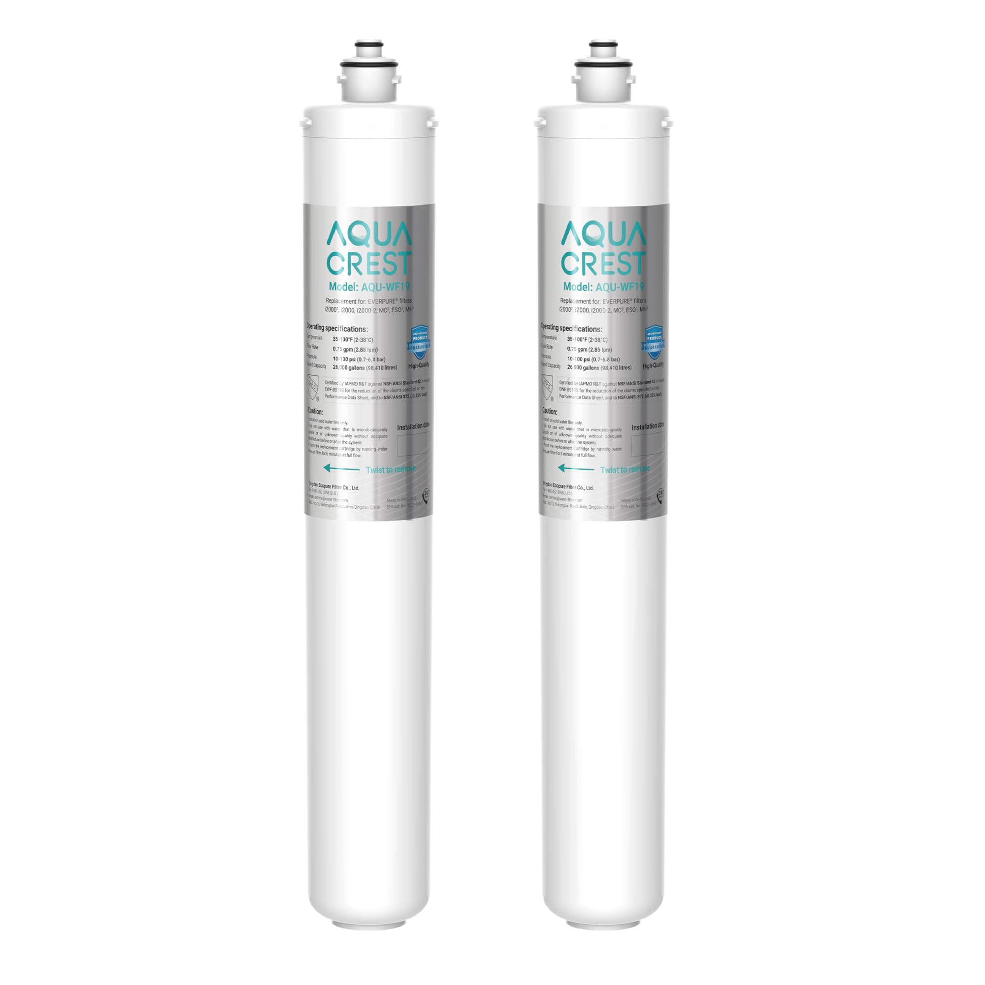 AQUA CREST I2000 under-sink filter installed under the kitchen sink for cleaner water.