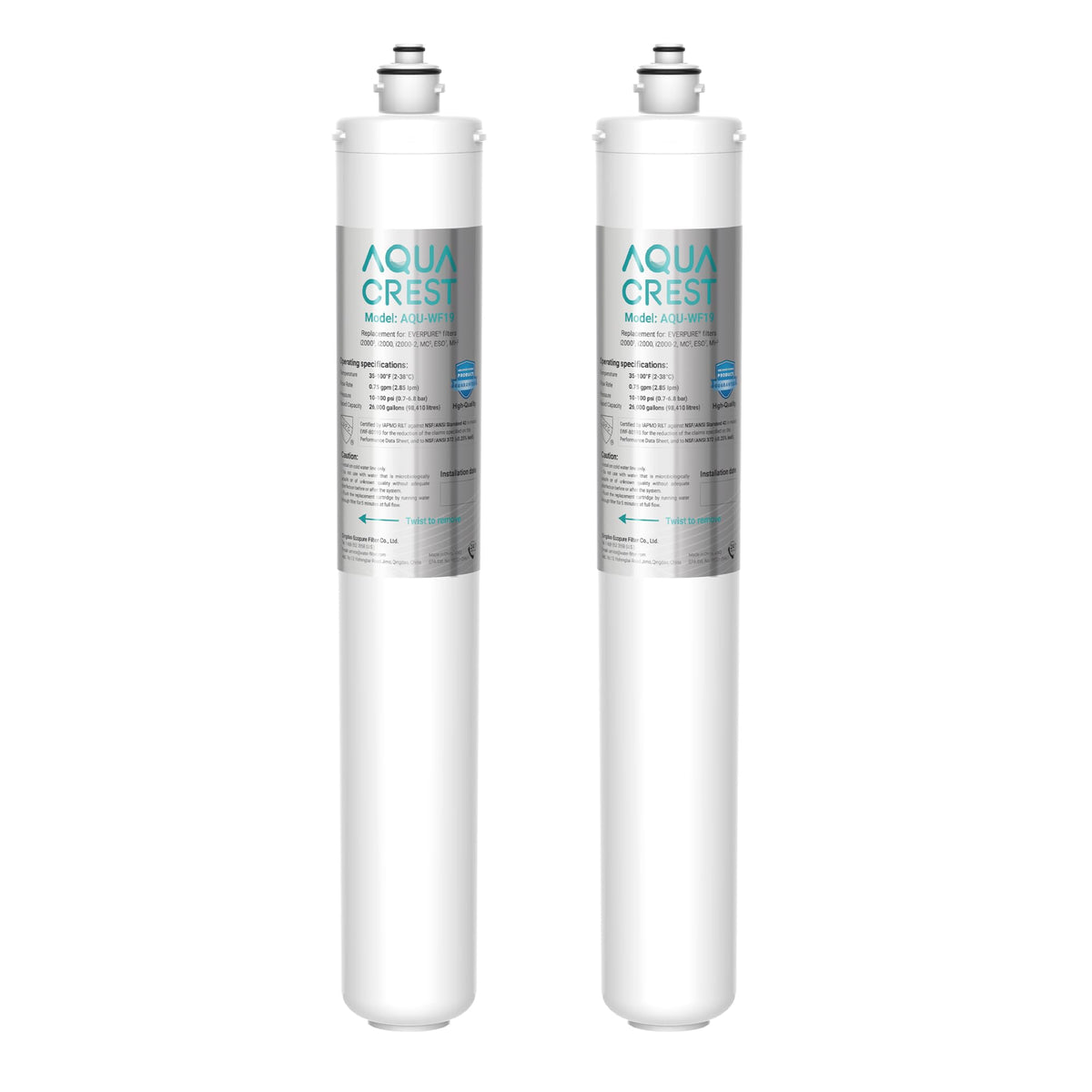 AQUA CREST I2000 under-sink filter installed under the kitchen sink for cleaner water.
