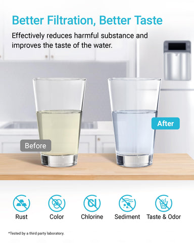 AQUA CREST inline filter installed under refrigerator for cleaner water.