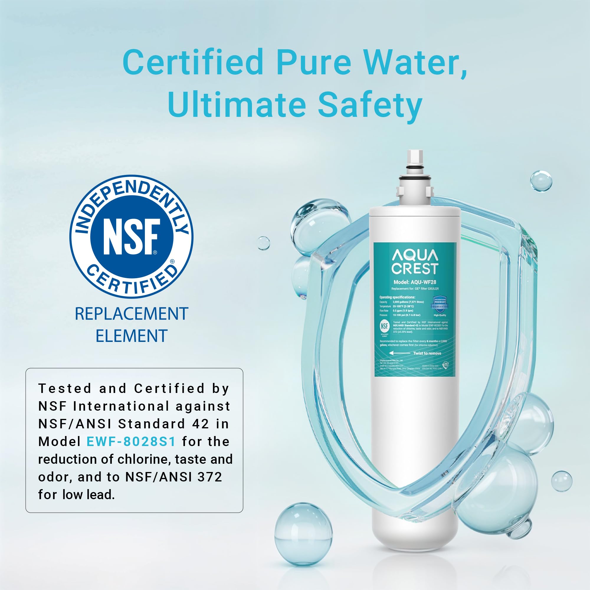 Aqua Crest NSF/ANSI-certified filter badge indicating trusted performance.