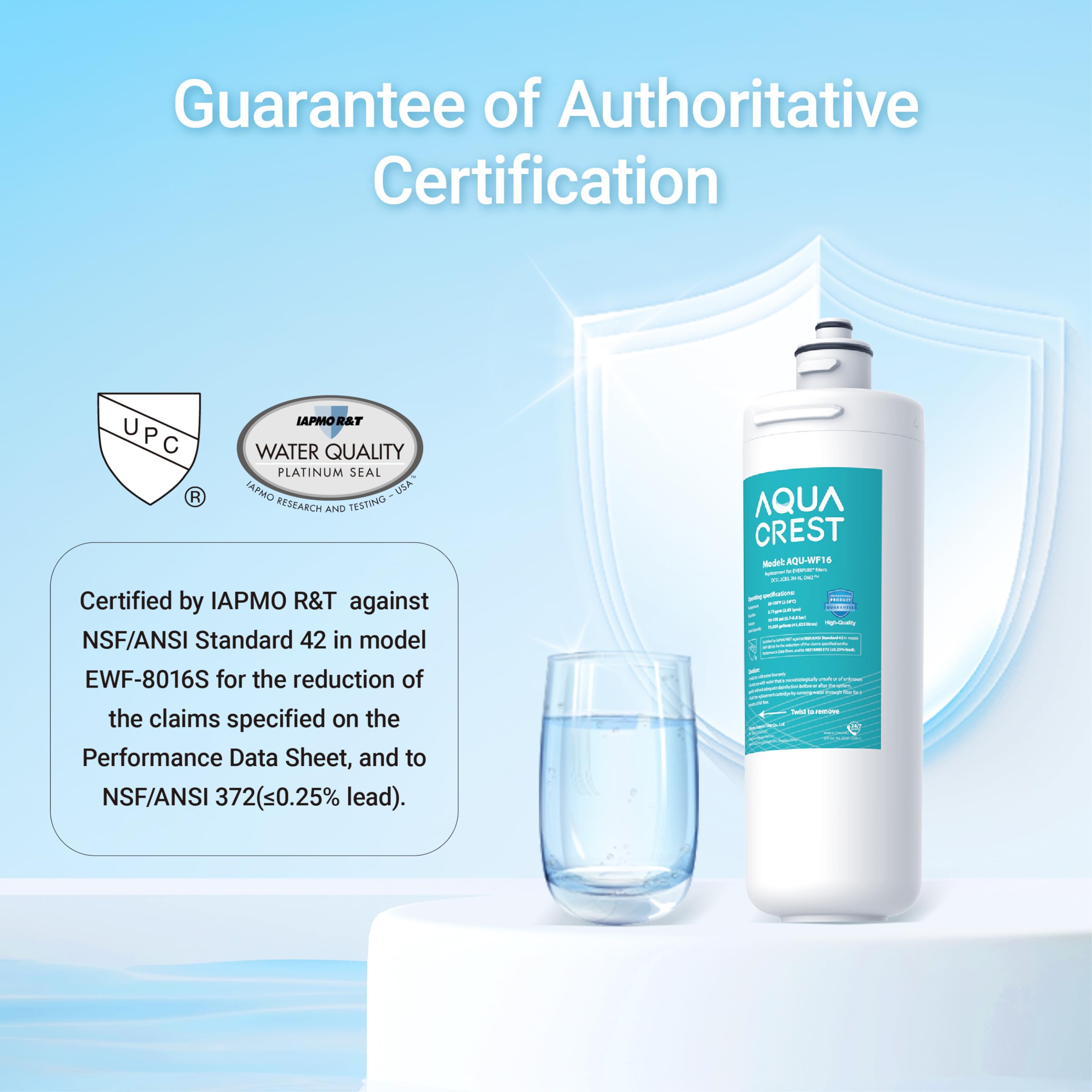 IAPMO-certified AQUA CREST filter for reliable, standards-based filtration