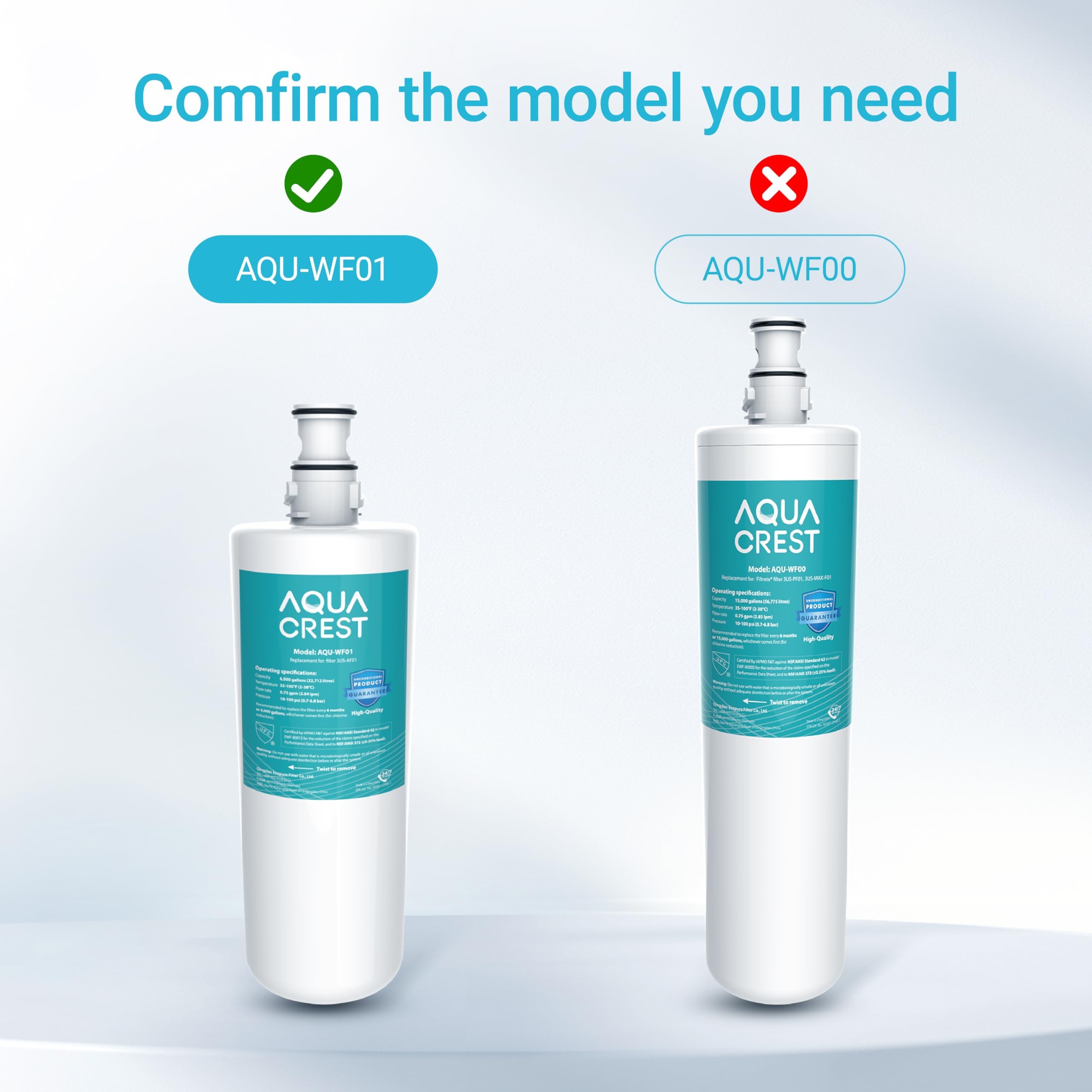 Aqua Crest under-sink installation scene shows tool-free setup for quick changes.