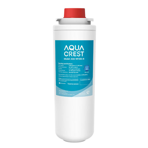 Aqua Crest WF283-R filter front view, compact design reduces chlorine and improves taste.