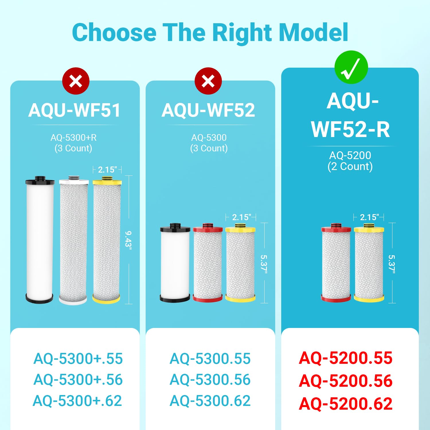 Aqua Crest WF52-R dual activated carbon blocks ready for chlorine and odor reduction.