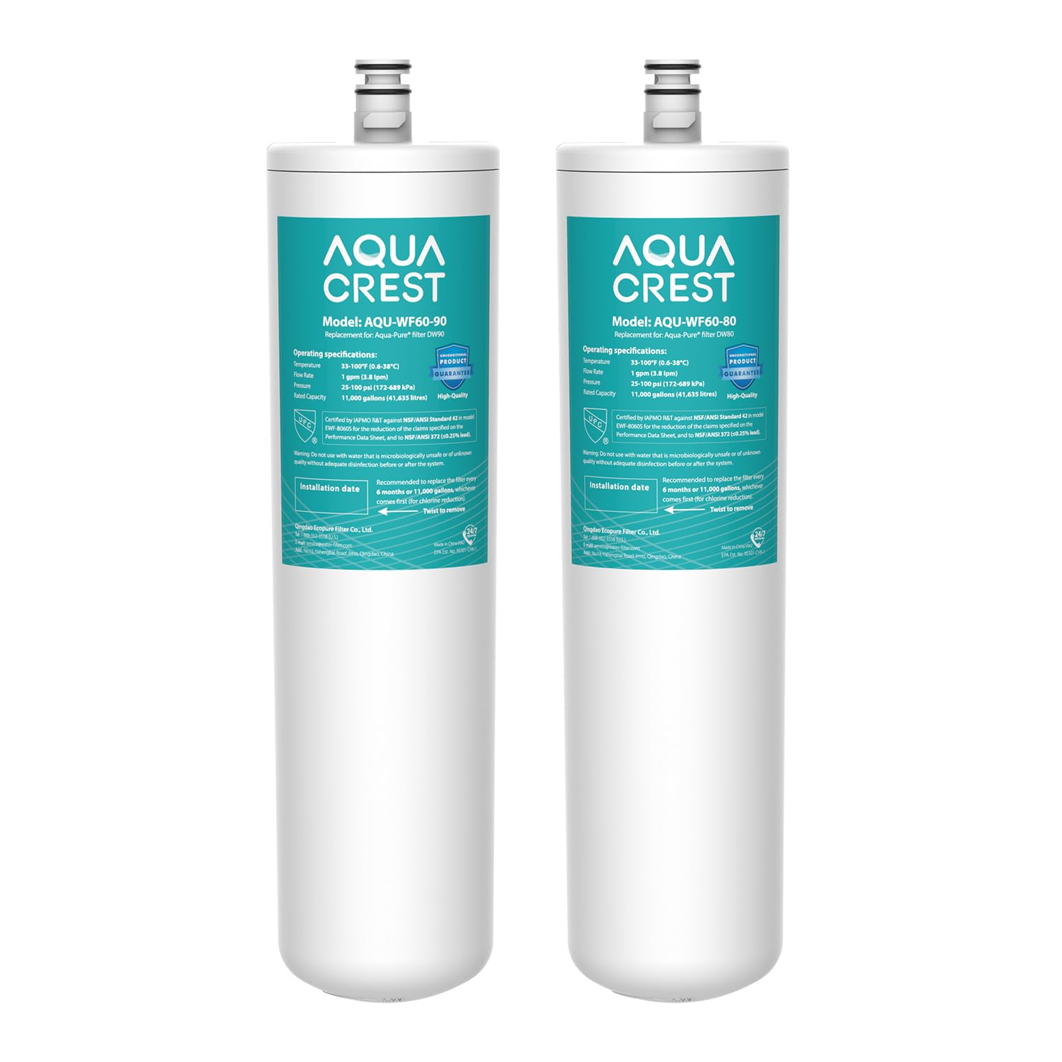 AQUA CREST WF60-80/90 packaging showing quick replacement for under-sink use.