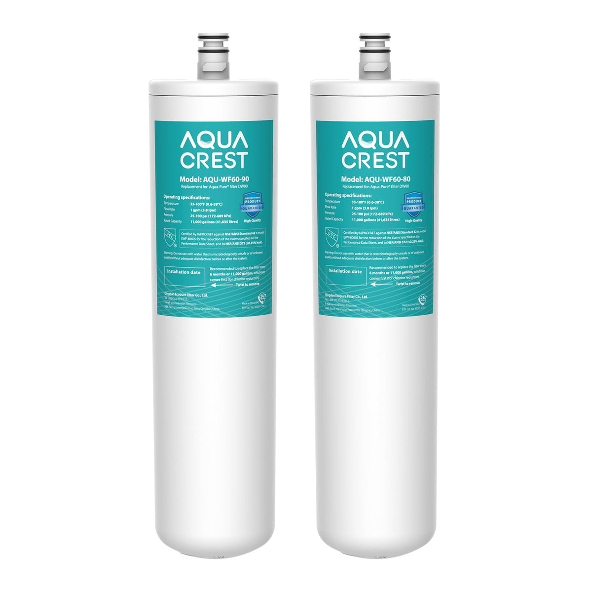 AQUA CREST WF60-80/90 packaging showing quick replacement for under-sink use.