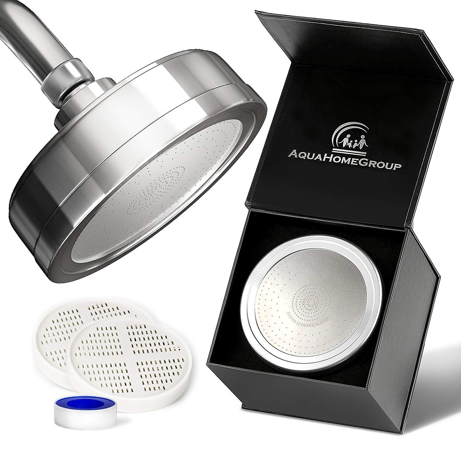 AquaHomeGroup luxury filtered shower head front view showing metal finish and round shape for spa-like styling