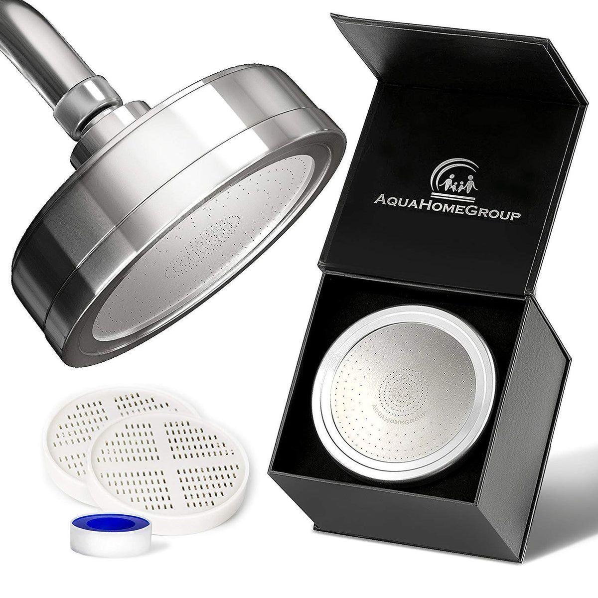 AquaHomeGroup luxury filtered shower head front view showing metal finish and round shape for spa-like styling
