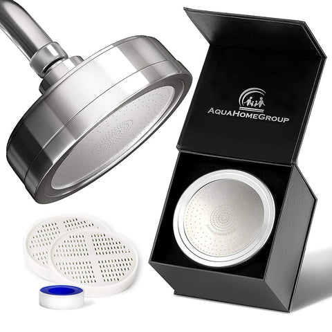 AquaHomeGroup luxury filtered shower head front view showing metal finish and round shape for spa-like styling