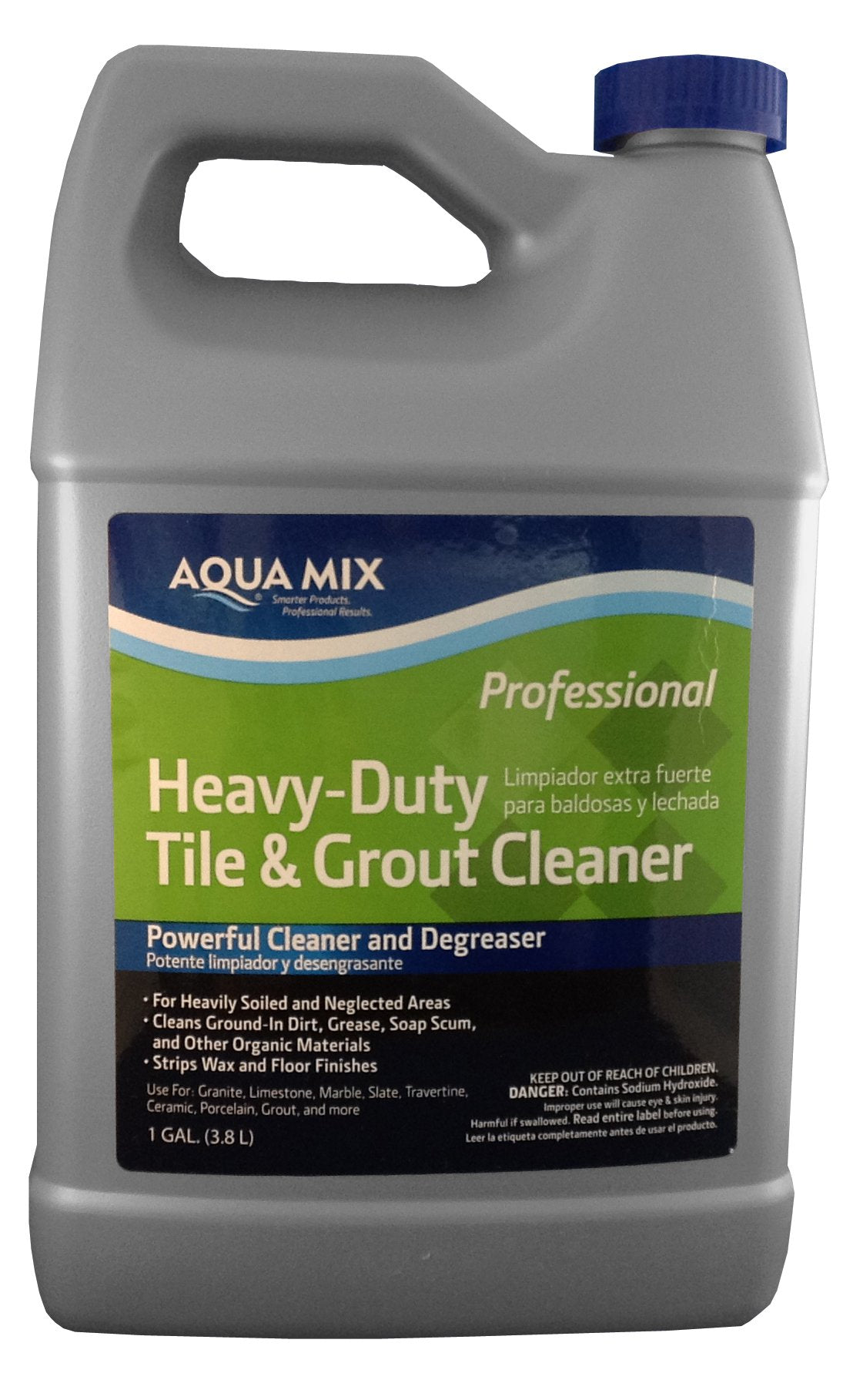 Aqua Mix Heavy-Duty Tile and Grout Cleaner gallon removes grease and soap scum for deep cleaning.