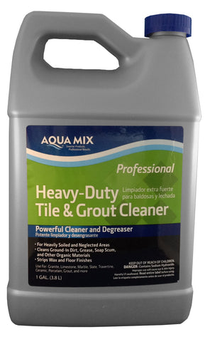 Aqua Mix Heavy-Duty Tile and Grout Cleaner gallon removes grease and soap scum for deep cleaning.