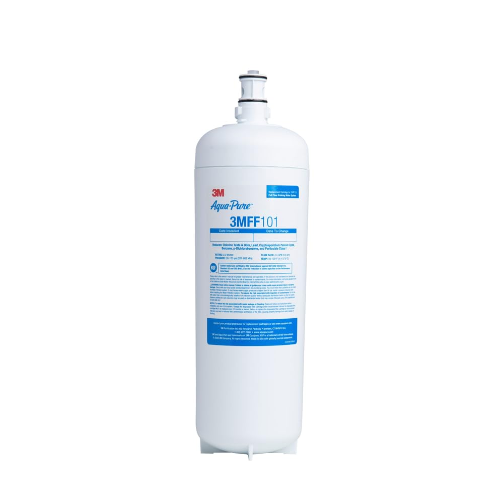 Aqua-Pure FF101 replacement cartridge shown for under-sink setup, improving water flavor and odor.