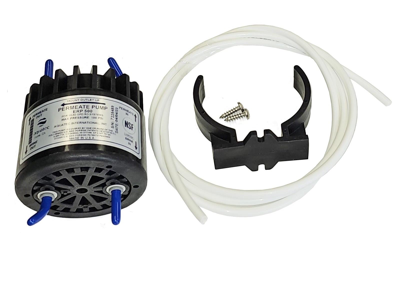 Aqua Tec ERP500 permeate pump with mounting hardware for near-silent RO production.