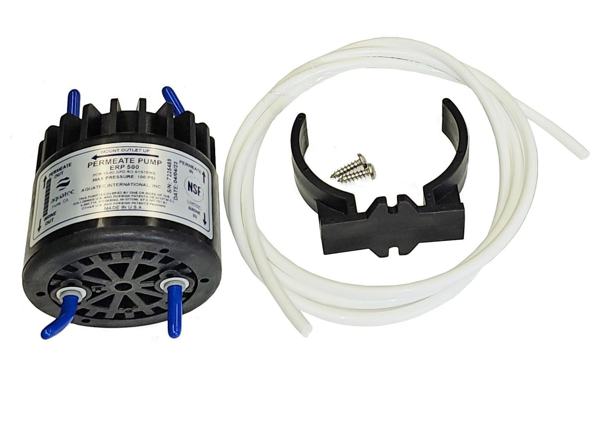 Aqua Tec ERP500 permeate pump with mounting hardware for near-silent RO production.
