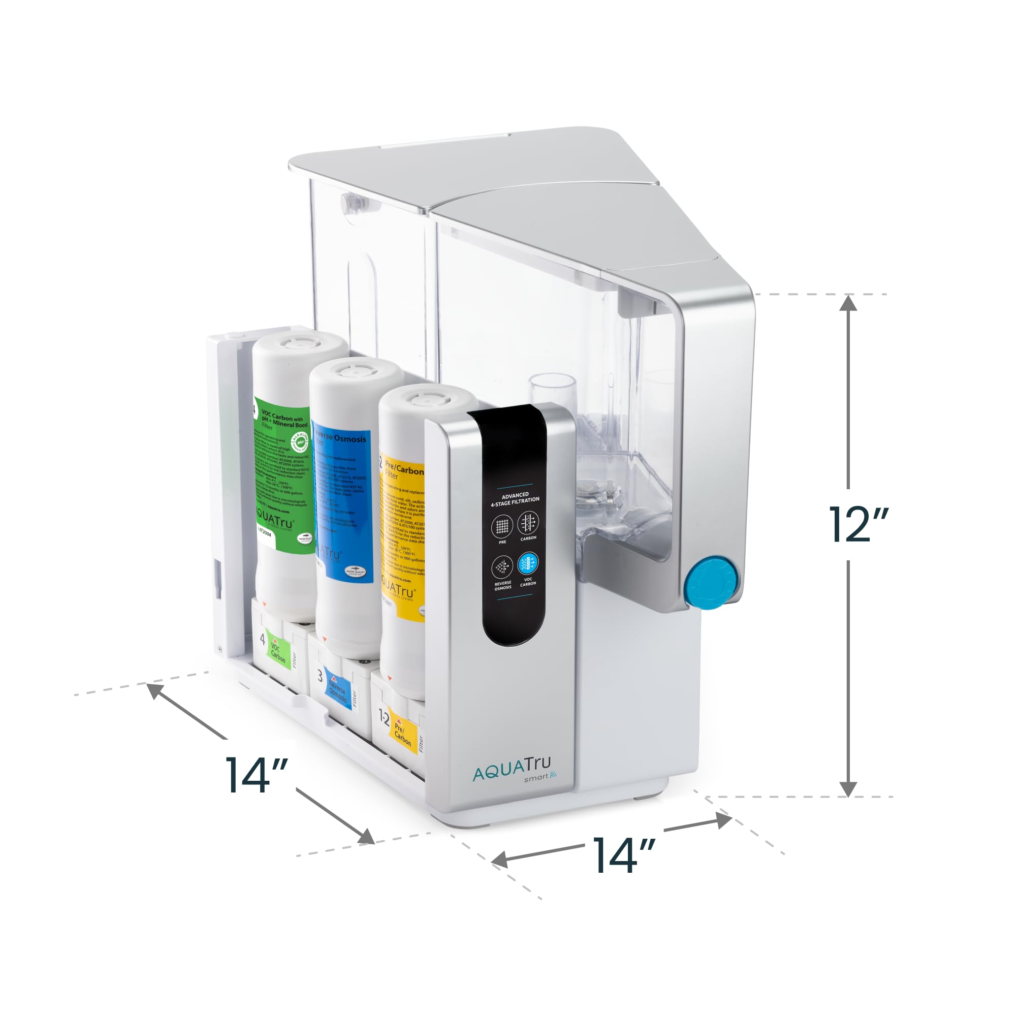 AquaTru app-connected monitoring displays filter life and water quality.
